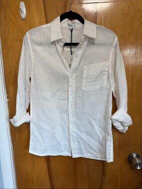 WeWoreWhat White Linen Button-Down Shirt with Chest Pocket